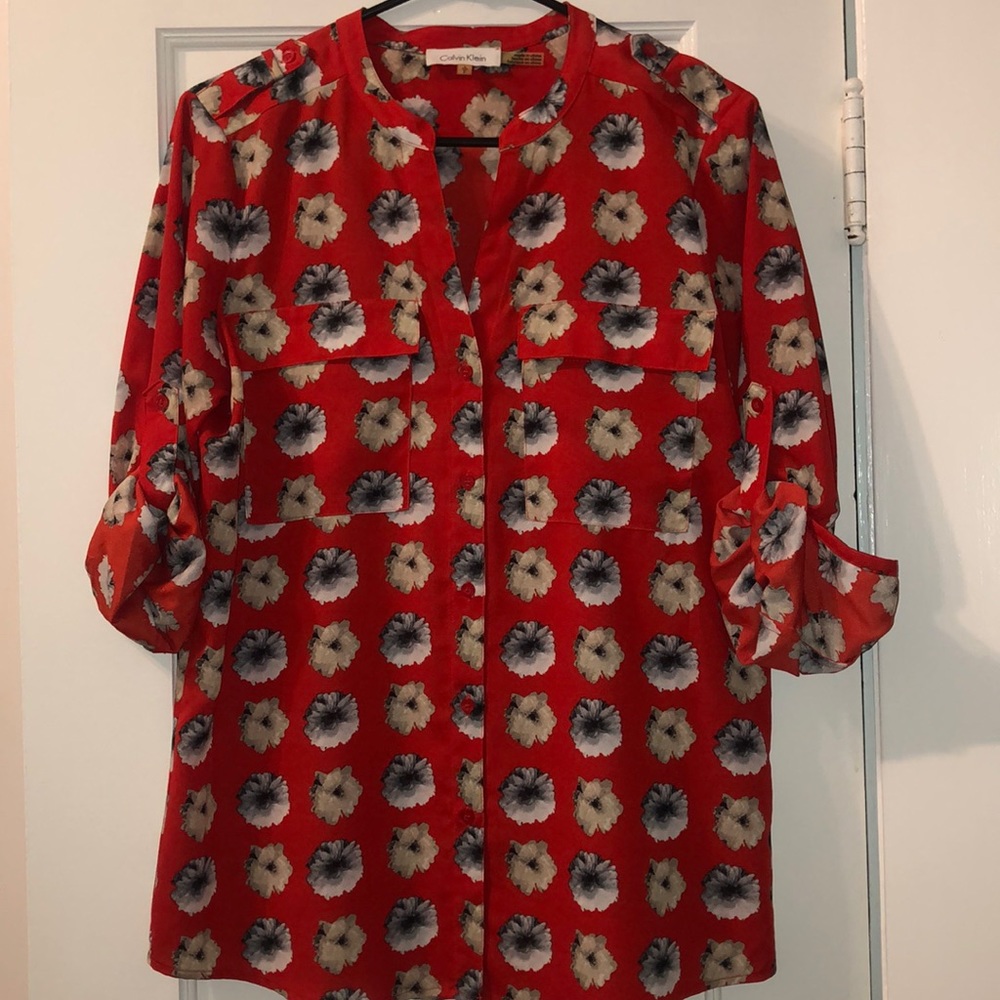 Calvin Klein Roll Tab Sleeve Floral Top